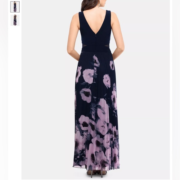 XSCAPE Illusion-Inset Floral Print Gown